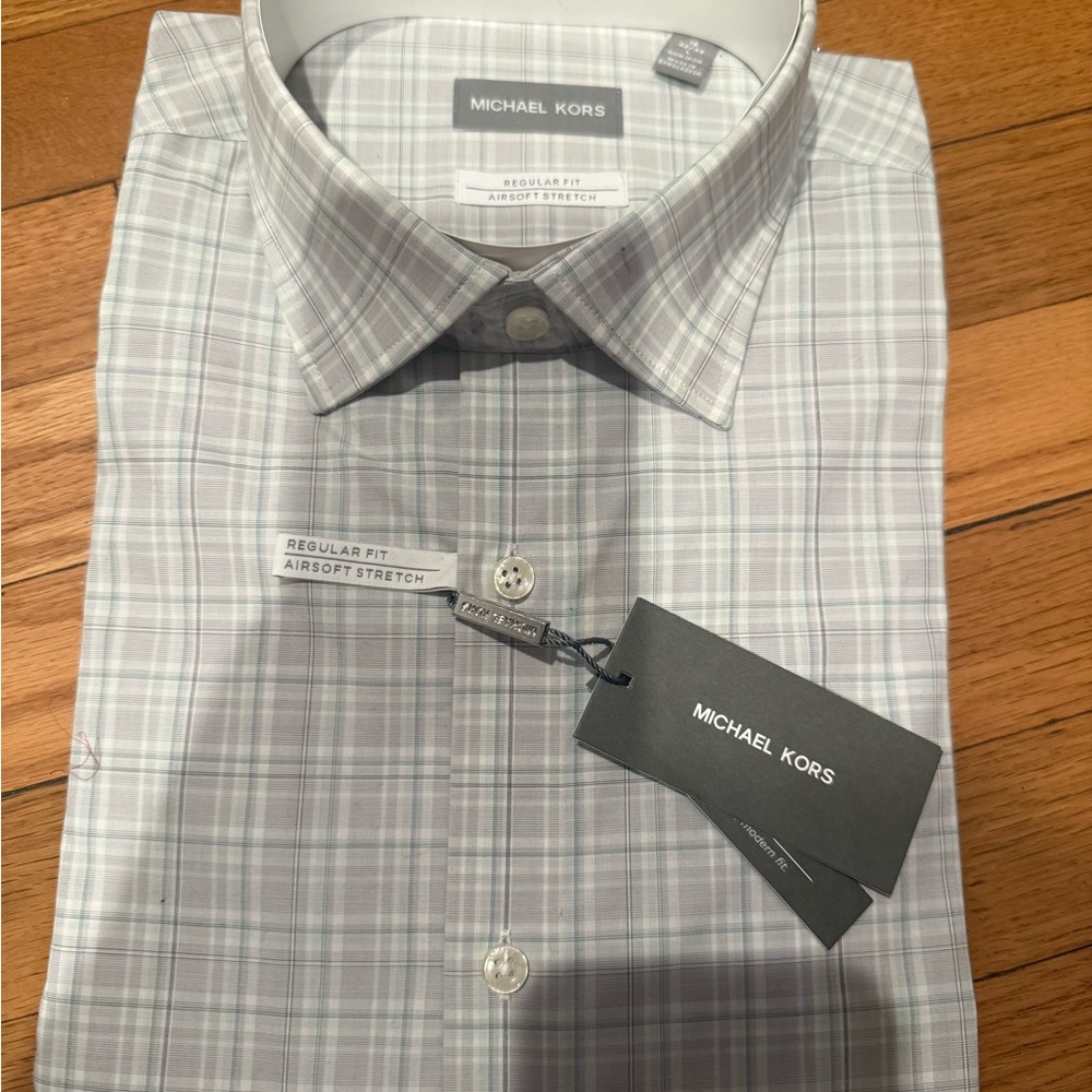 Michael Kors Gray Dress Shirt with Plaid Design 16